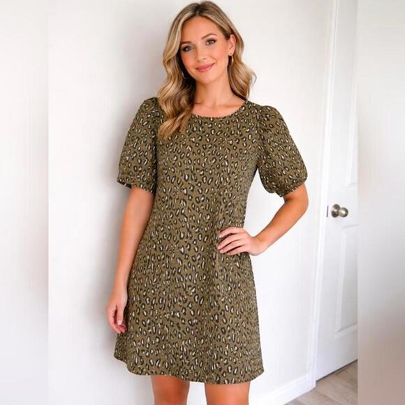 THML Olive Leopard Print Puff Sleeve Knit Mini Dress Women’s size Medium - Picture 15 of 15